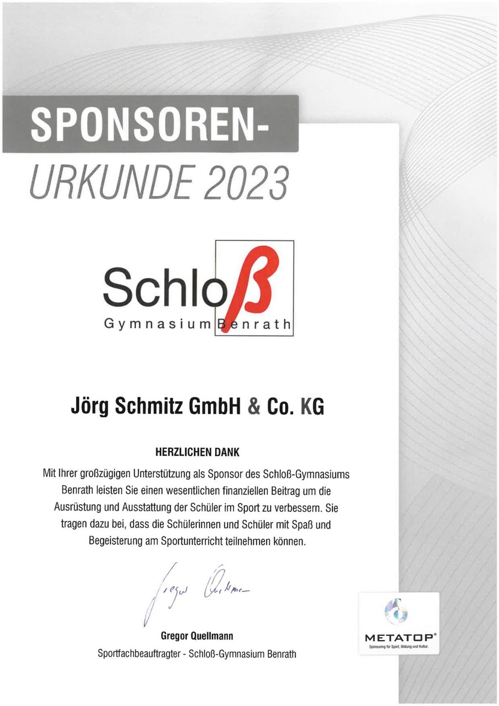 Sponsoren-Urkunde Schloß-Gymnasium Benrath